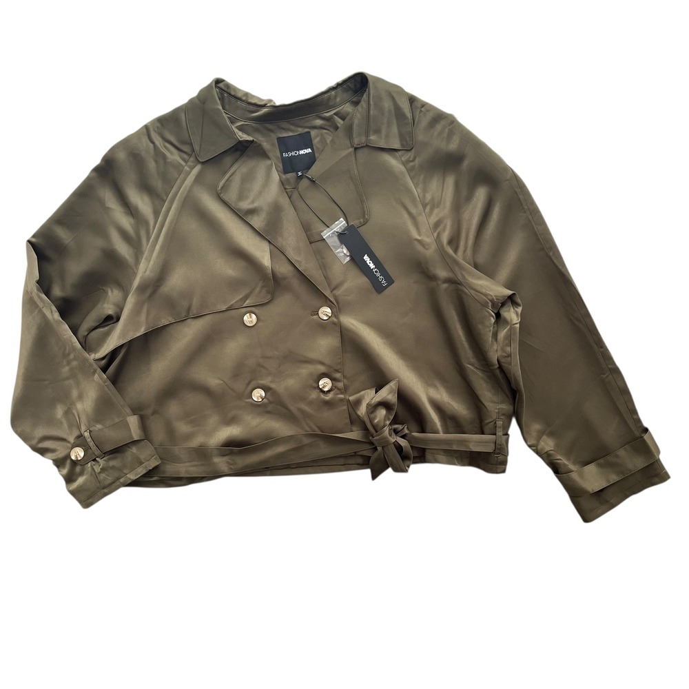 Fashion Nova Womens 3X Olive Green Jayla Satin Cropped Belted Trench Jacket Chic